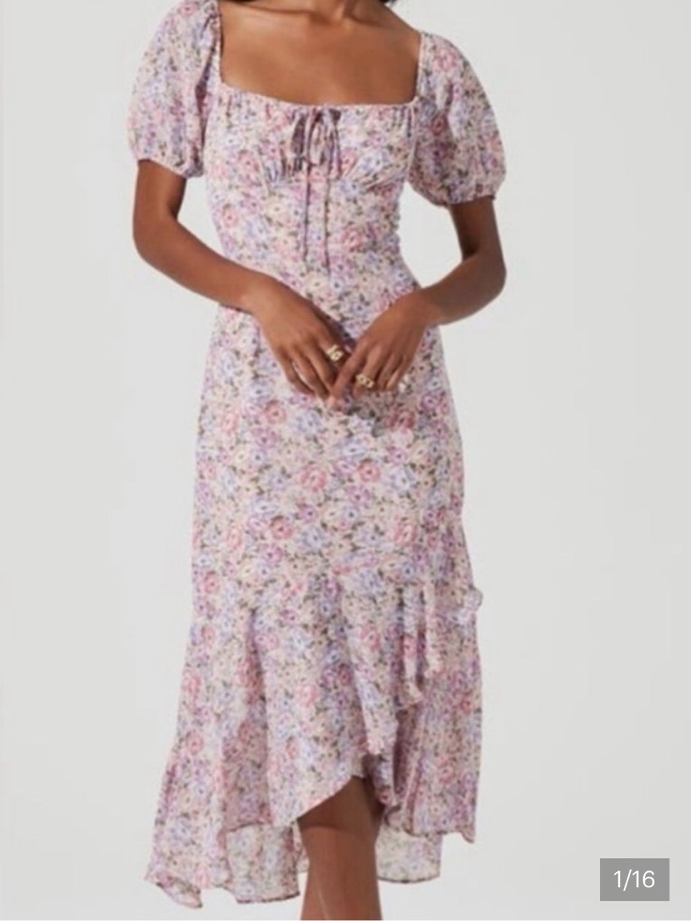 ASTR The Label Pink Purple Floral Ruffle Hem Short Sleeve Midi Dress Large